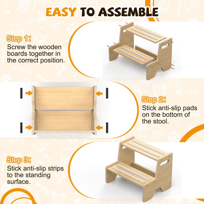 Uiirvdy Step Stool for Toddler, Sturdy Wooden 2-Step Stool with