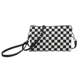 JEN & CO. Riley Black and White Checkered Crossbody Bag - Trendy Cross Body Purse with Detachable Wristlet Strap, Clutch