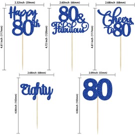 Paquete de 30 adornos para magdalenas de feliz cumpleaños 80, color azul oscuro con purpurina, 80 saludos a 80 años de edad, para decoraciones de pasteles de feliz cumpleaños 80 cumpleaños