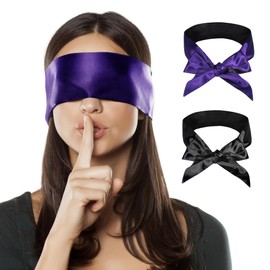 FRESHME 2 Pack Satin Sleep Mask Soft Adjustable Lightweight Silk Sleep Mask for Couples Double Sided Dark Purple & Black + Black
