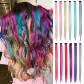 12pcs Multicolor Clip in Hair Extensions Mix tinsels,22 Inch Colored Hair Extensions,2 in 1 Rainbow Hair with Silver Tinsels,Kids Hair Extensions ,Colorful Party Highlights for Kids Girls（12 colors）