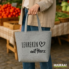 Huuraa Einkaufstasche Lehrerin mit Herz Geschenk 22 Liter Grey Melange Filz Lehrerin Accessoire