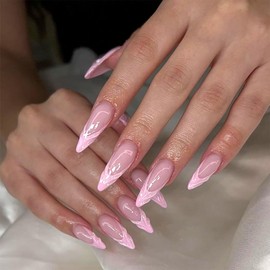 Long Stiletto Press on Nails Fake Nails French Tip False Nails Almond Fake Nails Swirl Stick on Nails Glossy Pink Glue on Nails Cute Artificial Nails for Women 24pcs