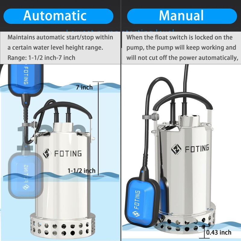 FOTING Full 304 Stainless Steel Sump Pump with Float Switch