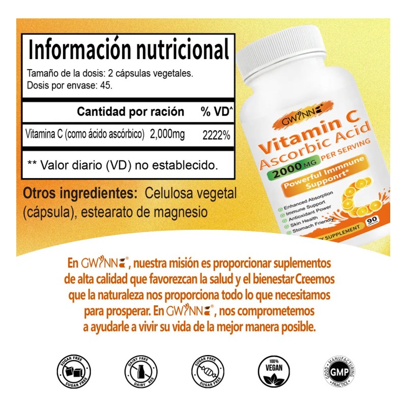 Gwynne cido Ascrbico Puro De Vitamina C 2000mg,formas Solubles En