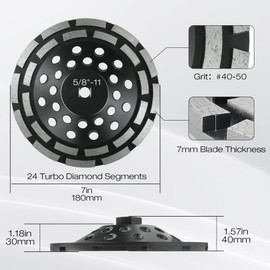 Konvixon 7 Inch Diamond Concrete Grinding Wheel, 28 Double Row Segments Diamond Cup Wheel, 40/50 Grit, 5/8"-11 Snap+Threaded Arbor, Forged Matrix Sintering, for Granite Marble Masonry Stone Brick