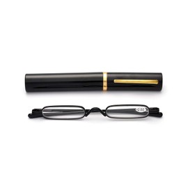 Easy Carry Mini Compact Slim Reading Glasses—Lightweight Portable Readers with w/Pen Clip Tube Case (Black, 2.00)
