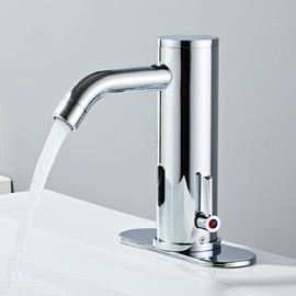 HHOOMMEE Automatic Touchless Bathroom Sink Faucets Sensor Motion Activated Hands Free Commercial Faucet with Hole Deck Plate Temperature Control Rod Infrared Auto Mixer for Vanity Basin Bath（Chrome）