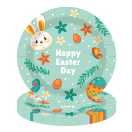 EVYIENEN 50 Pcs Happy Easter Paper Plates,7 inch Green Easter Bunny Dessert Plates for Spring Birthday Party Supplies Table Decorations