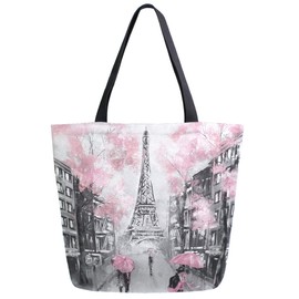 ZzWwR Beautiful Romantic Paris Eiffel Tower Painting Print Extra Large Canvas Market Beach Travel Reusable Grocery Shopping Tote Bag Portable Storage HandBags