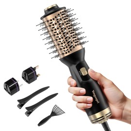 4 in 1 Travel Dual Voltage Hair Dryer Brush, Mini Auto Blow Dryer Brush in one, 2 Inch Hot Air Brush and Styler for Home & Salon, 3 Heat Settings with EU&UK Plug (Gold)