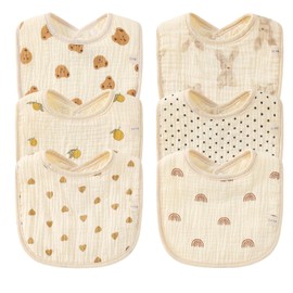 Comfort U Bib, Baby Bib, Boys, Girls, U-Shaped, Set of 6, 100% Cotton, 6-ply Gauze, Water Absorbent, Soft, Snap Button, Adjustable Size, Baby, Cute, Apron, Meal Style, Stylish, Baby Outing, Baby