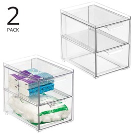 mDesign Stackable Storage Containers Box with 2 Pull-Out Drawers - Stacking Plastic Drawer Bins for Master or Guest Bathroom, Linen Closet, Vanity, or Makeup Table - Lumiere Collection - 2 Pack, Clear