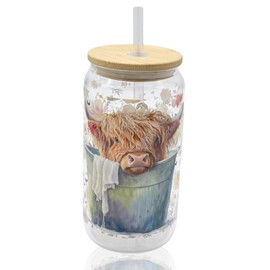 Cute 16oz Clear Glass cup with bamboo lin and plastic straw. (16oz, Highland Cow #1)