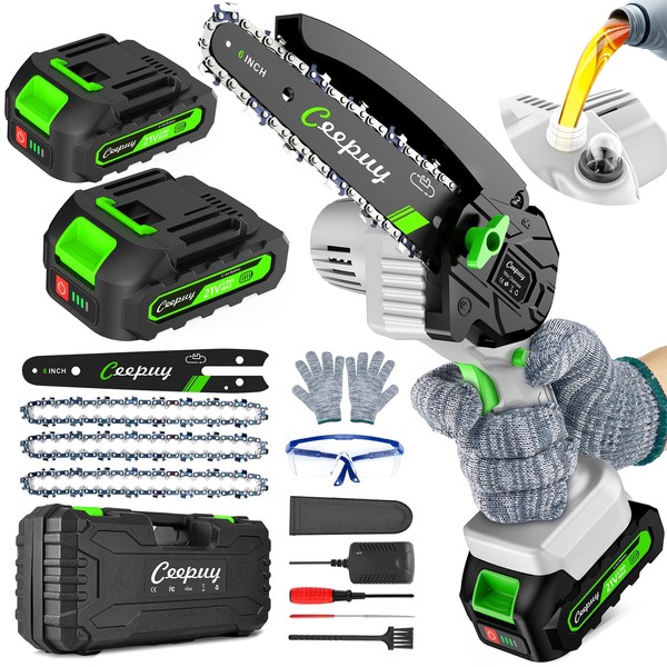 Mini Chainsaw Cordless,6 Inch Portable Electric Chain Saw With Automatic Oiler, Battery Powered Small Handheld Saw With Security Lock for Trees Branches Trimming, Wood Cutting, 2 Batteries 3 Chains