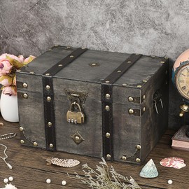 SUMNACON Wooden Vintage Treasure Chest Box with Lock, Decorative Souvenir Storage Box Keepsakes Storage Organizer Rectangle Jewelry Trinket Chest Grey Treasure Container (XXL Size)