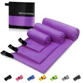 ZENACROSS Microfibre Towel (Set of 3) with Carry Bag - Quick-Drying and Versatile Fitness Towel - Sports Towel Sizes S, M, L - Purple