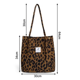 JSTHHTT Women's Large Shoulder Bag, Corduroy Bag, Handbag, Shopper, Tote Bag, Casual Shoulder Bag, for Everyday, Office, School Trips and Shopping (Leopard Print), brown
