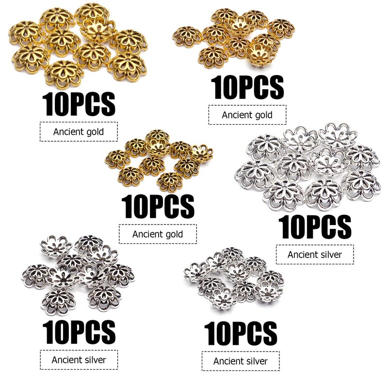 Bead Caps, 60pcs Hollow Double Flower Bead Caps Alloy Loose