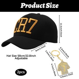 2PCS Set Cr7 Kid's Baseball Hat Boys, Football Themed Baseball Cap 54-60cm and Golden Number 7 Keychain, Adjustable Cap for Kids, Ideal for Football Games and Casual Wear, Cool Outfit for Boy Black