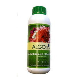 ALGOplus Geranium and Patio Plants Liquid Fertilizer for Houseplant and Organic Garden - Plant Food with Micro-Nutrients NPK N4 P6 K8 - 1-Liter Bottle