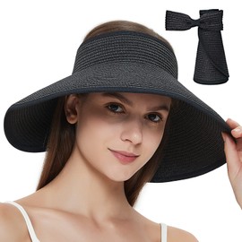 Maylisacc Adjustable Straw Open Top Straw Sun Hat Roll-Up Design, Foldable Wide Brimmed Straw Visor Hats for Women Ladies, Black