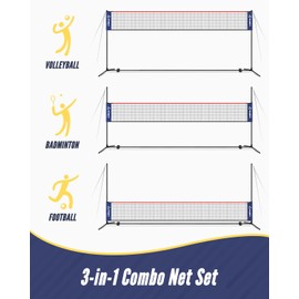 Patiassy 5.1ft-7.4ft Adjustable Height Volleyball Badminton Net Set 17ft Portable Sports Net with Poles, 4 Badminton Rackets, 3 Shuttlecocks and 1 Volleyball for Indoor Outdoor (Blue)