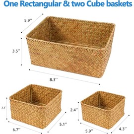 Wicker Baskets for Storage, Seagrass Woven Basket for Organizing,Handwoven Storage Bins for Home, Set of 3 Basket Organizer,Natural (Caramel)