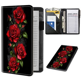 Server Book for Waitress,Leather Waitress Book Organizer with Zipper Pocket Waiter Book Server Wallet Fit Server Apron and Guest Check Books for Servers Waitress Notepad,Red Roses Flowers
