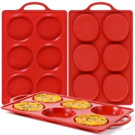 CAKETIME Muffin Top Pan Non Stick, 4 Inch Metal Frame Round Silicone Egg Baking Pan for Oven English Muffins, Whoopie Pies, Corn Bread, Egg Bites, Breakfast Sandwiches Tarts 3 Pack Red