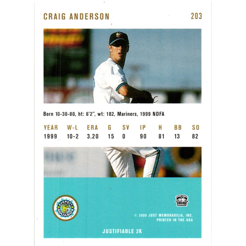 Craig Anderson Signed 2000 Just Minors Justifiable 203 Everett AquaSox