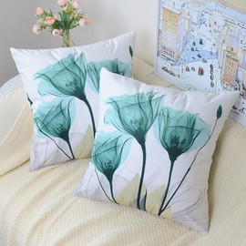 TIAODIAN Set of 2 Velvet Cushion Covers 45 x 45 cm Teal Flowers Modern Home Art Decorative Throw Pillow Case 18x18 inches for Living Room Sofa Garden Outdoor Decor Cushions