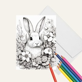 Springtime Easter Rabbits in Flower Garden Adult Coloring Greeting Cards Set of 8 Large All Occasion Cards, A7 Size, 5" x 7", Personal Stationery Set with Mailing Envelopes, Paper Crafting Kit