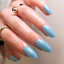 Boloshine 24Pcs Square False Nails French Tip, Solid Color Press on Nails, Full Cover Glue on Nail Art Manicure Decorations, Glossy Fake Nails Acrylic Nail Tips for Women and Girls, Clear Sky Blue