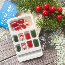Christmas Press on Nails Short Square Fake Nails 24 Pcs, Cute Cartoon Pattern Designs Acrylic Nails Full Cover Short Christmas Nails Red Nude Green Glossy Stick on Nails for Women Xmas Nail Decoration