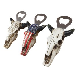 Ebros Gift Pack of 3 Assorted Rustic Western Bull Steer Cow Skulls with Tribal Tattoo USA Flag and Bone Skeleton Finished Soda Beer Glass Bottle Cap Openers Tool Cabin Lodge Country Accent Accessory