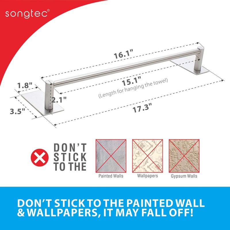 Songtec Bathroom Towel Bar 16-inch, No Drill Stick On Towel