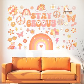 Kreatwow Groovy Party Decorations Orange 2pcs Stay Groovy Wall Stickers Retro Hippie Party Rainbow Boho Birthday Decoration Butterfly Flowers Wall Art Decal for One Two-Groovy‘s Birthday Home Decal