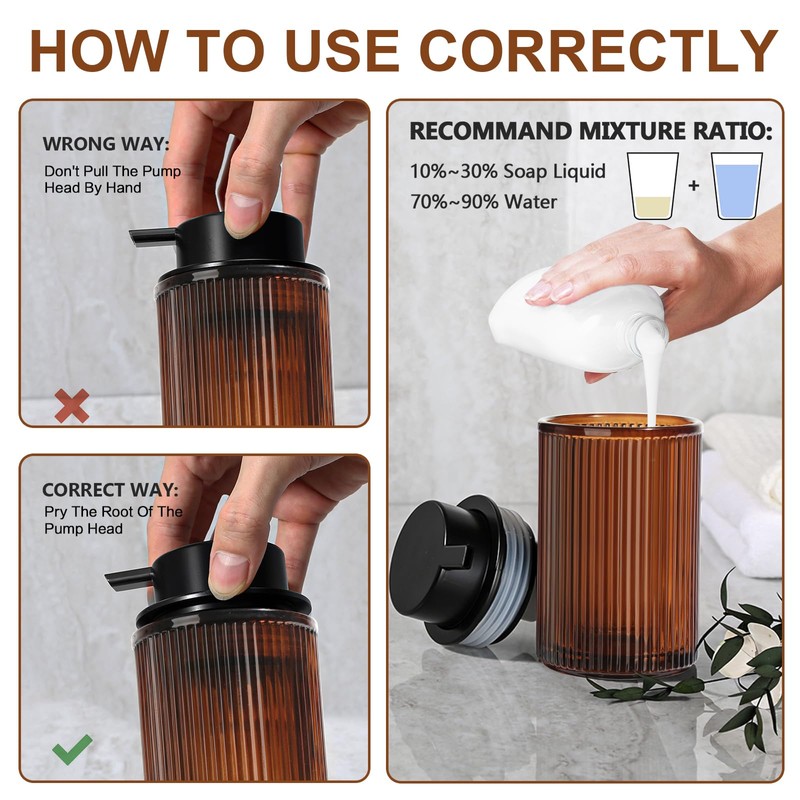 KASUNTING Amber Glass Foaming Soap Dispenser, Ribbed Foam Hand Soap