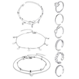 JFORYOU Anklets and Toe Ring Set for Women Girl Silver Rose Gold Chain Layered Anklets Toe Rings Ankle Bracelets Open Adjustable Toe Rings Beach Foot Jewelry