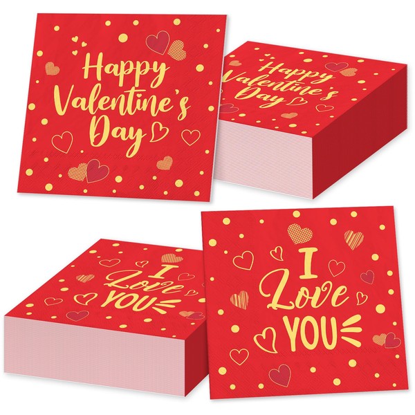 JarThenaAMCS 50Pcs Happy Valentine's Day Cocktail Napkin Red Gold Heart