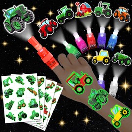 72 PCS Tractor Party Favors – 48 PCS Tattoos & 24 PCS LED Finger Lights Combo – Birthday Goodie Bag Fillers, Party Supplies, Gifts Light Up Toys Glow In The Dark for Boys and Girls