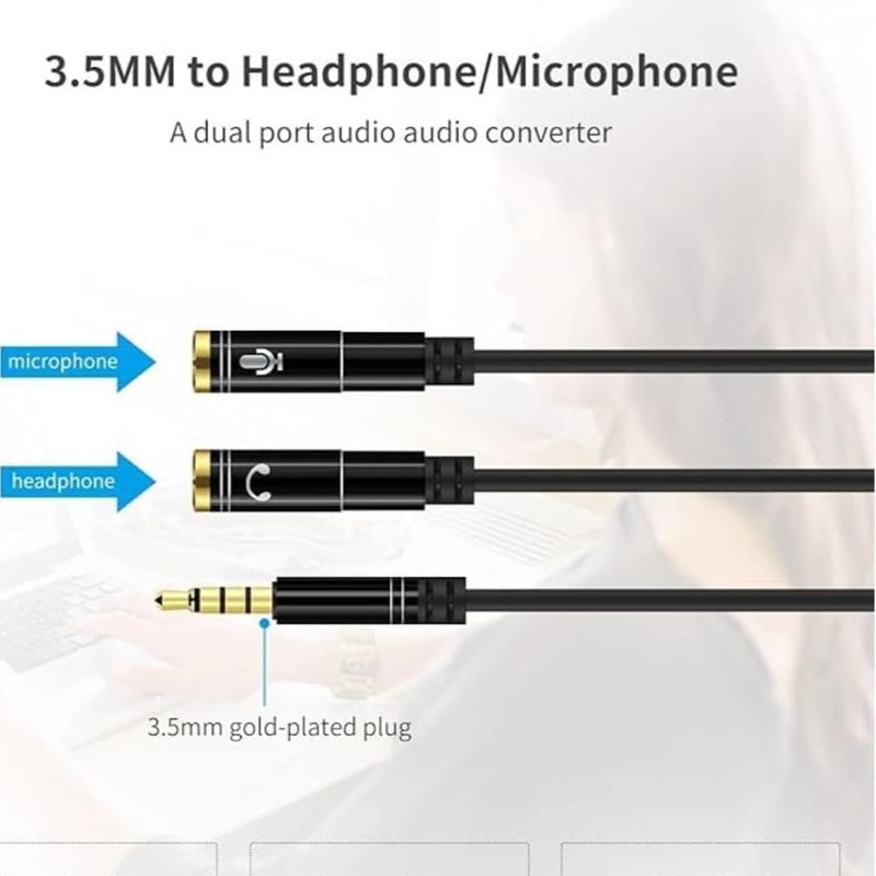 Headphone Mic Splitter 3.5mm Jack Audio Mic Braided Adapter Aux