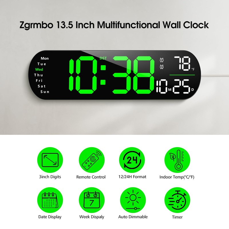 Zgrmbo Digital Wall Clock, 13" Large Display Digital Clock with