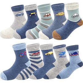 YANWANG 10 Pairs Toddler Kids Crew Socks Novelty Cute Cartoon Cotton Sock for Boys and Girls(2-Blue Airplane,L:5-7 Years)