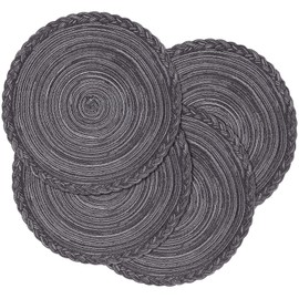 Xmkuwa Placemats, Round Braided Placemats for Dining Table Diameter 15 inch, Woven Heat Resistant Anti-Slid Cotton Washable Kitchen Table Mats (Gray & Black，Set of 4)