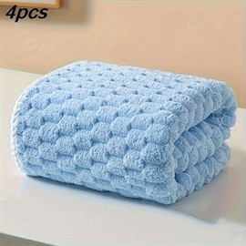 Pack of 4 Waffled Super Soft Woven Bath Towels, Super Absorbent Quick-Drying Microfiber for Adults, 80% Polyester & 20% Polyamide - Colour: 4PC Blue, Size: 140X70