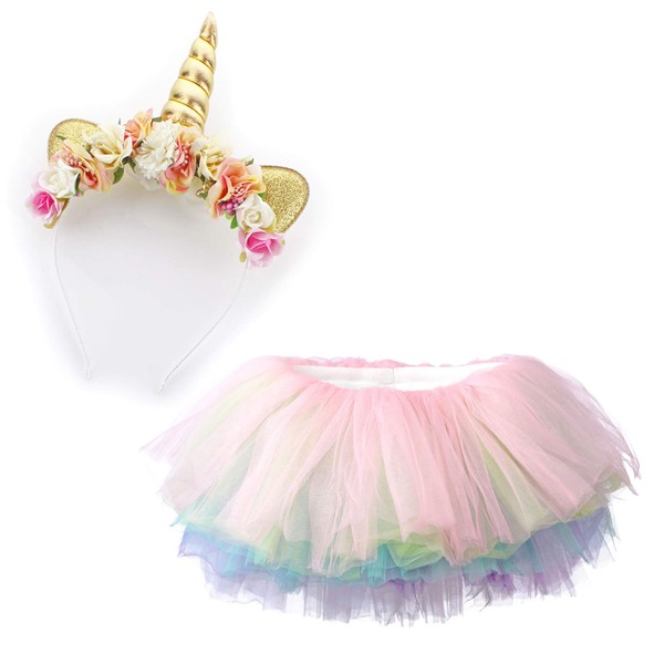 My Lello White/Pink Unicorn Headband Outfit with Pastel Rainbow Tutu
