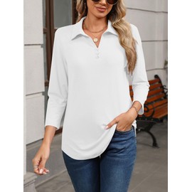 TICTICMISS Womens Tops 3/4 Sleeve Polo Shirts Business Casual V Neck Collared Shirts Basic Tees Blouse White