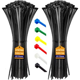 ATETEO Cable Ties, 200 Pack Black Cable Zip Ties Nylon Self Locking tie Wraps 100/150/200/250/300/370/400/500/600/650/760/1200 mm